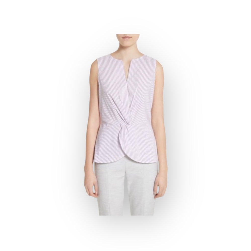 new St John ❉ Pinstripe Twist Front Peplum Top ❉ Orchid Stripe Chain Detail ❉ M - Picture 14 of 16